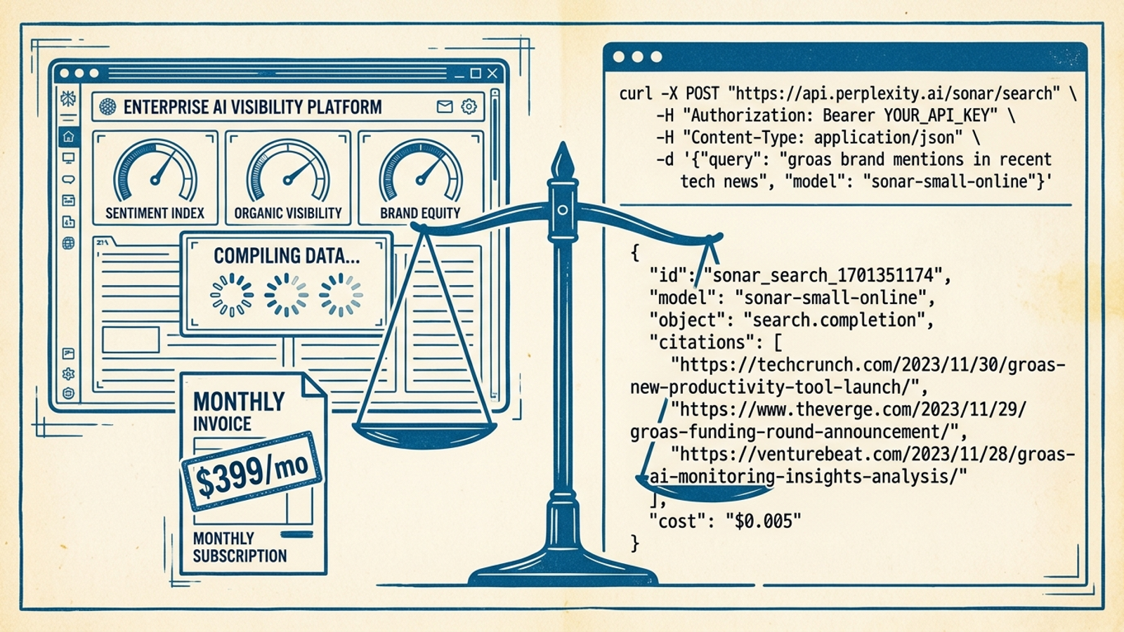 Diagram contrasting a SaaS dashboard alert with a short script checking Perplexity citations.
