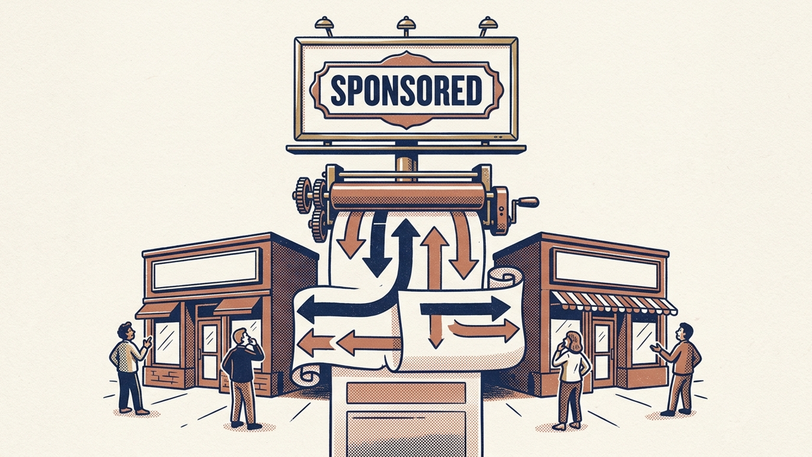 Illustration of a sponsored billboard above a search result that directs attention toward rival storefronts.